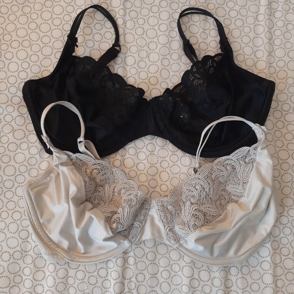 S/2! 34DD VTG Victoria's Secret Black & Silver-Grey Satin and Lace Bras …